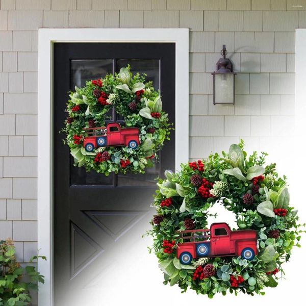 Flores decorativas grinalda peônia caminhão vermelho natal vintage berry outono na porta da frente de madeira pendurado sinal iluminado