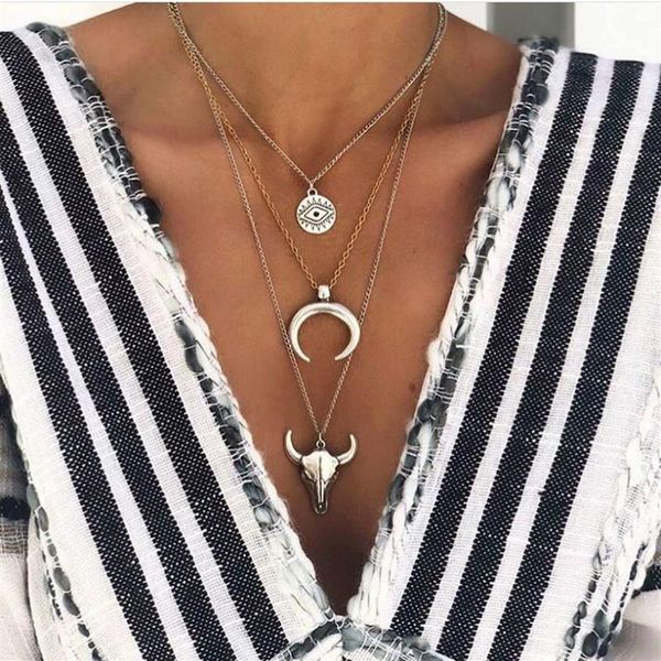 3pcs set Women Long Sweater Chain Animal Cow Head Pendant Necklace Alloy Eye Horn Multilayer Necklace Jewelry Gift for Girls303t