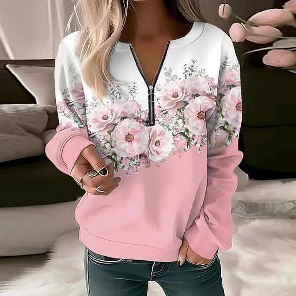 Felpe con cappuccio da donna Donna Autunno Primavera Felpa con stampa floreale Scollo a V Cerniera Decor Pullover Polsino elastico morbido Lady Top Camicetta