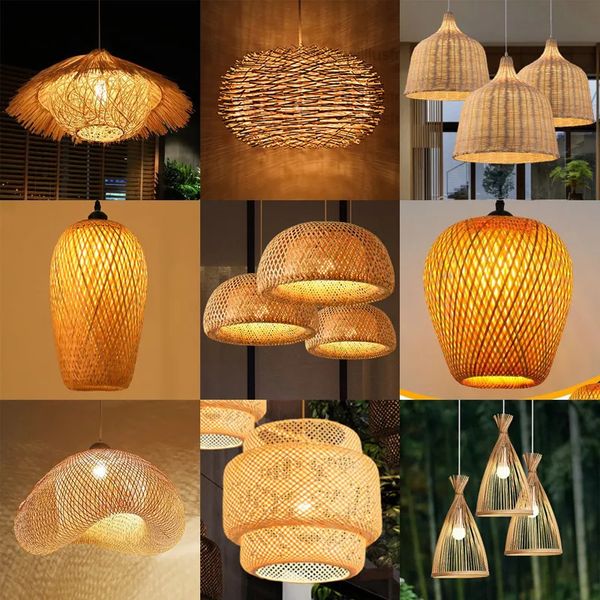 Itens de novidade Lâmpada suspensa de bambu Pingente luz de teto Rattan vime lustre trançado de malha suspensa suspenso 18 19 30 decoração de quarto de cama de jantar em casa 231017