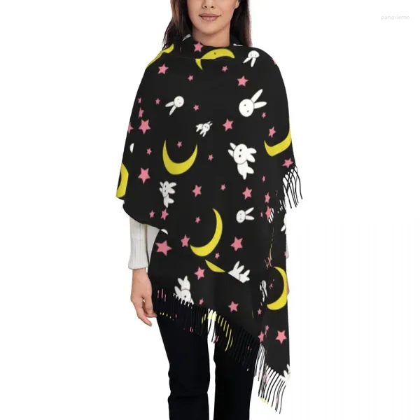 Abbigliamento etnico Sciarpa con nappe con motivo luna Sciarpa morbida da donna Kawaii giapponese Anime Avvolge Sciarpe invernali da donna