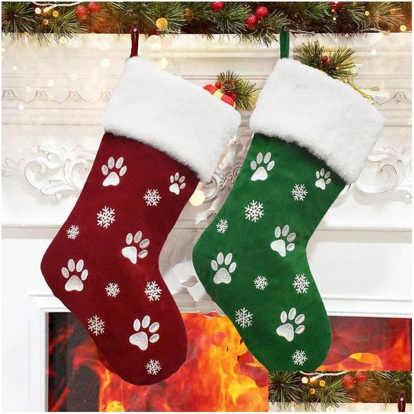 Weihnachtsdekorationen 18 Zoll großer Strumpf Hund Katze Pfotenabdruck Schneeflockenmuster Hängende Strümpfe Rot Grün Geschenktüte Weihnachtsbaum Orna Dhgev