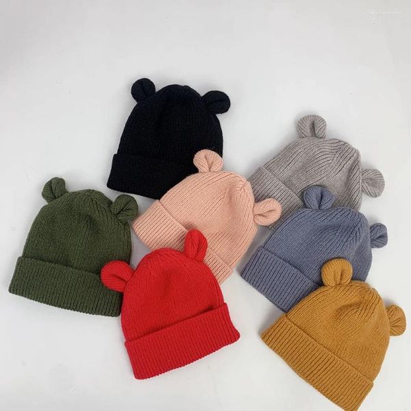 Berretti 2023 Simpatico Cartone Animato Orso Orecchio Cappello Del Bambino di Inverno Morbido Caldo Lavorato A Maglia Della Ragazza del Ragazzo Cappelli Beanie di Colore Solido Infantile Del Bambino Cap Bonnet Bambini Caps