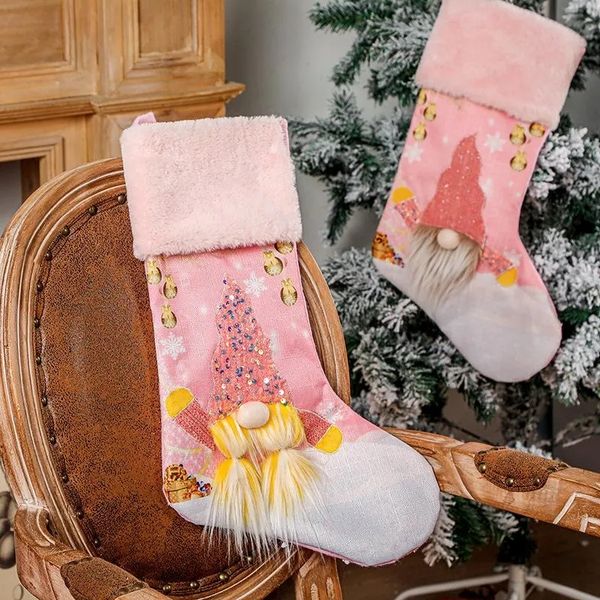 Weihnachten dekorieren Ornament Socken Süßigkeiten Taschen Home Party Dekorationen rosa mit Lampe Weihnachtsbaum Anhänger Lumineszenz Rudolph Geschenktüte Festival