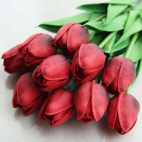 Flores decorativas de alta qualidade 1 peça tulipa toque real para decorações de casa vermelho pu tulipas artificiais buquês de flores brancas seda