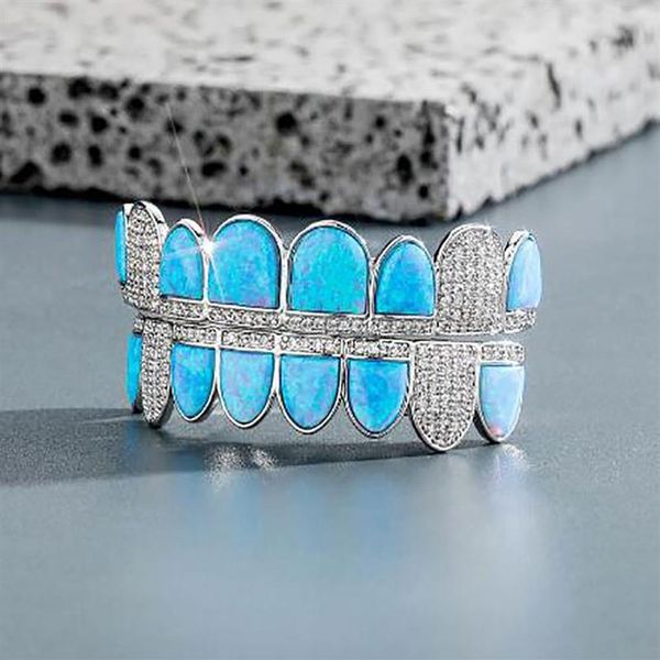 14K CZ Зубы Вампира Grillz Iced Out Micro Pave Кубический Циркон СИНИЙ Опал 8 Зубов Хип-Хоп Гриль Верхний Нижний Рот Грили Набор с Sili323v