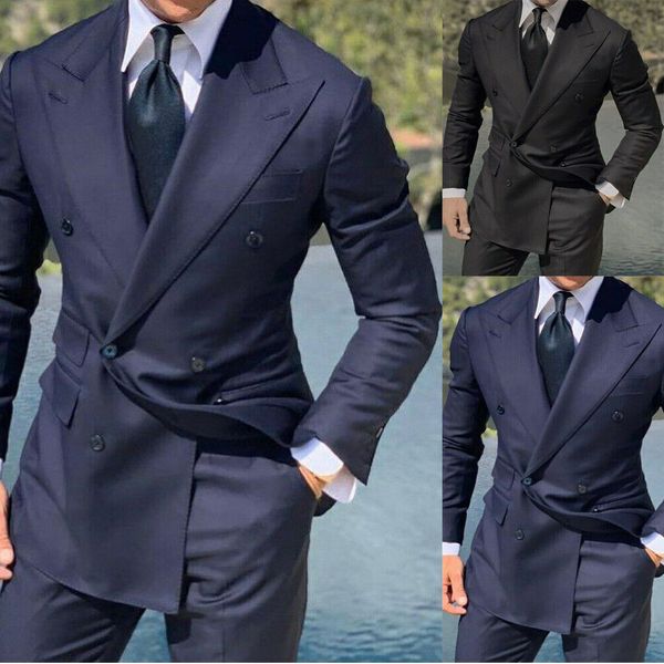 Terno masculino 2 peças clássico azul marinho jacquard terno de casamento para homens smoking bonito jaqueta calças magro ajuste roupa