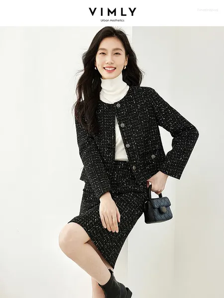 Abiti da lavoro VIMLY Paillettes Tweed Set a due pezzi per le donne Autunno Nero Abiti eleganti 2023 In set coordinati Giacca a maniche lunghe Mini gonna