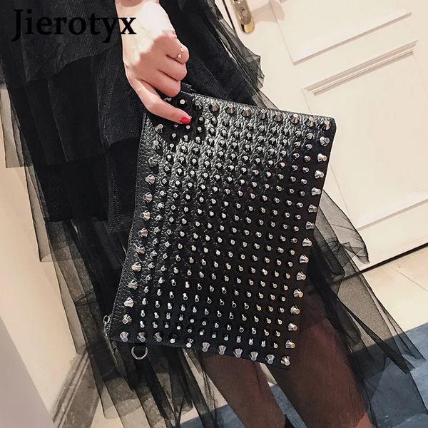 Вечерние сумки JIEROTYX Клатч для женщин Элитный бренд в стиле панк-рок с заклепками на плечо Сумка-конверт Унисекс Черные кожаные сумки 231017