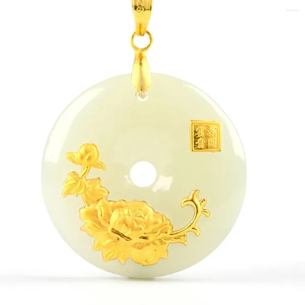 Anhänger Halsketten Hetian Jade Sicherheitsknopf Ping An Kou Halskette Liebhaber Glück Amulett 24 Karat Gold Schmuck Großhandel Chinesische Feine