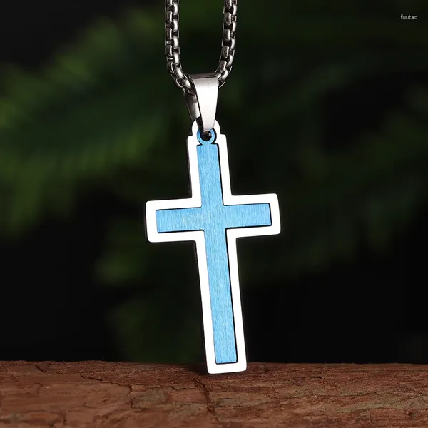 Anhänger Halsketten Herren Damen Klassische Edelstahl Einfache Blaue Kreuz Halskette Jesus Christian Gebet Amulett Schmuck