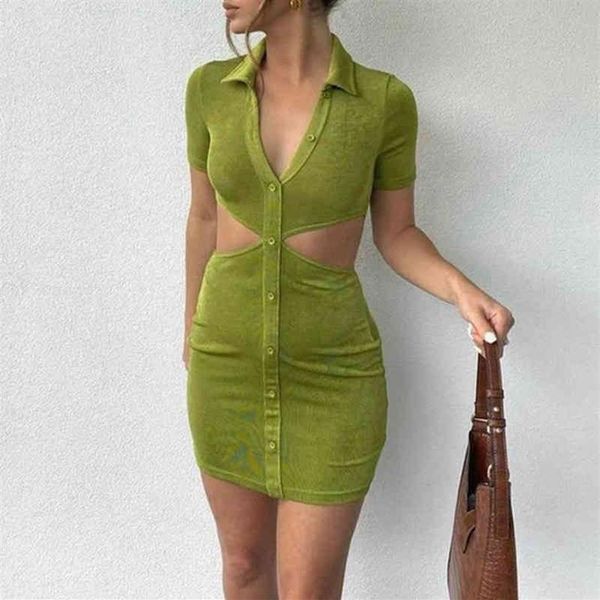 Sexy Kleid Frauen Neue Sommer Revers Aushöhlen Freiliegende Taille Kurzarm Einreiher Wrap Hüften Party Mini Kleid Vestidos 210412253s