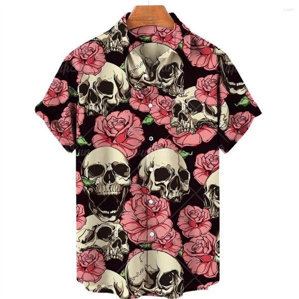 Camisas casuais masculinas 3D Impresso Crânio Floral Havaiano para Homens Halloween Verão Manga Curta Oversize Presente Social Roupas Importadas 5XL