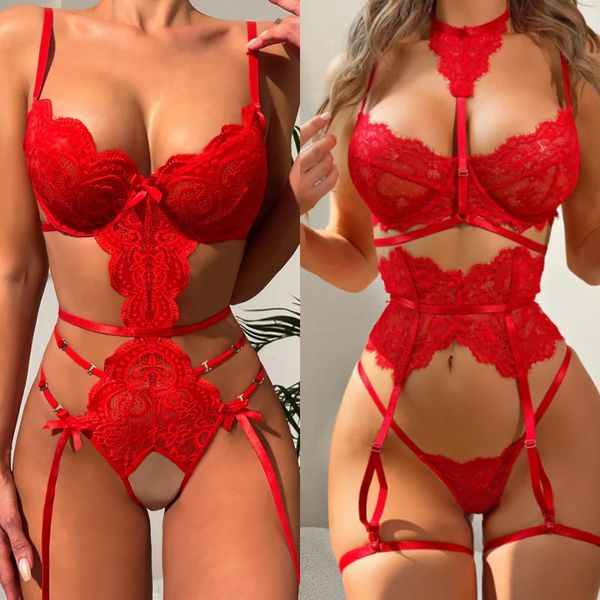 Set sexy Reggiseno rosso natalizio Lingerie da donna Solid Mesh Patchwork in pizzo Chemise intimo con reggicalze Erotico 231017