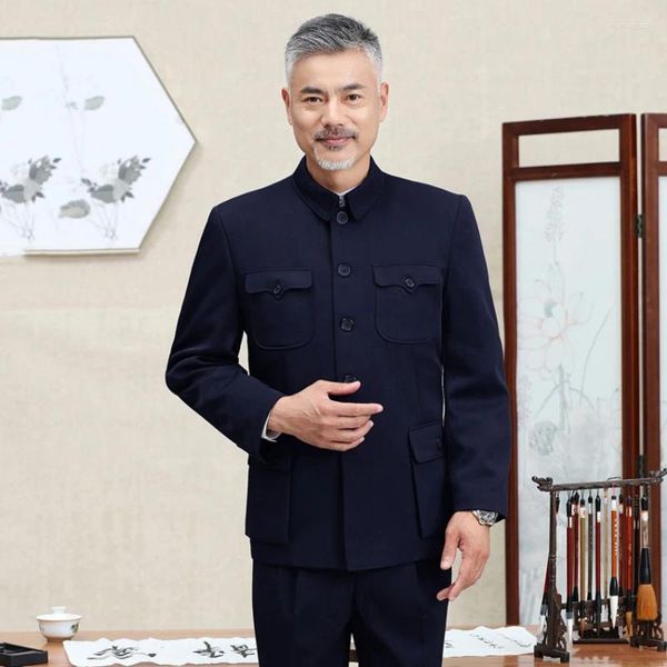 Herrenanzüge Traditioneller chinesischer Tang-Anzug für Männer Jacke Mantel Jahr Frühlingsfest Tunika Zhongshan Mao Blazer Stricken Taschen Top
