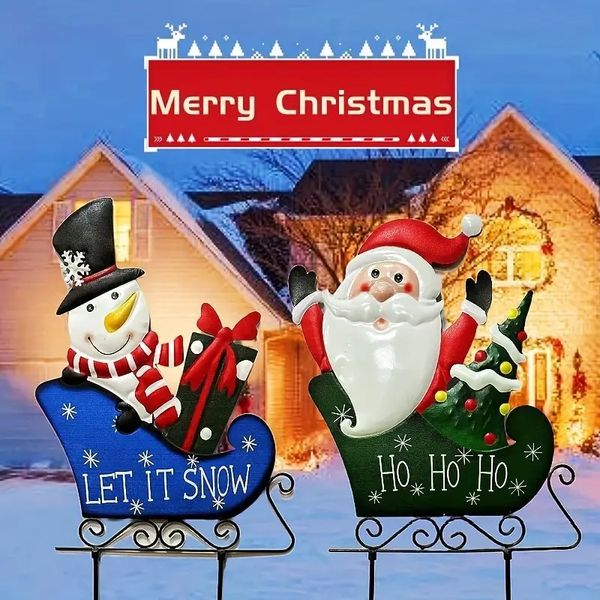 1шт/2шт Глинтопер Рождественские украшения двора, металлические колья для саней, садовый декор Снеговик и кол Санта-Клауса, Рождественские вывески для двора на открытом воздухе, праздничные украшения