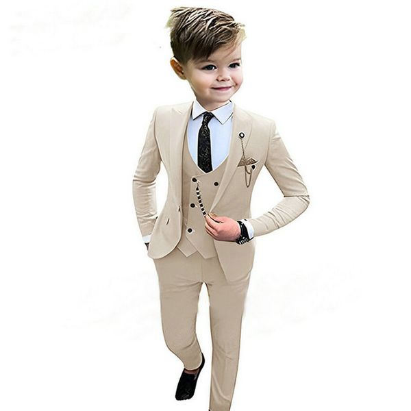 Abito formale da ragazzo beige 3 pezzi Smoking da cerimonia nuziale per bambini Giacca da bambino Pantaloni Gilet Costume per bambini su misura 3-16 anni