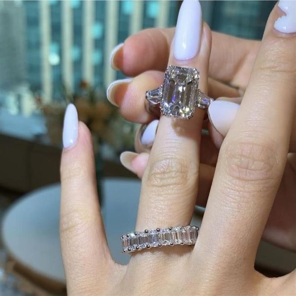 Luxo 100% 925 prata esterlina criado corte esmeralda 6ct diamante casamento noivado cocktail anéis femininos jóias finas cluster225m