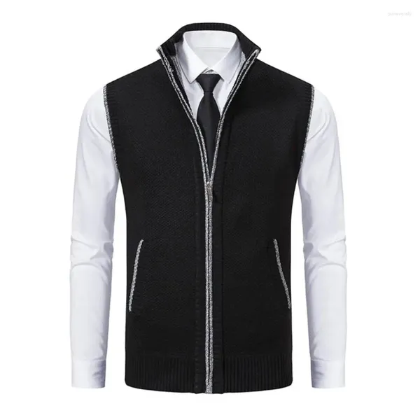 Jaquetas masculinas homens macios colete elegante malha cardigan quente sem mangas com gola zip up proteção de pescoço ideal para o outono