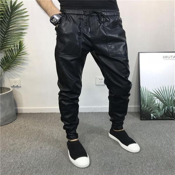 Erkek pantolon sokak kıyafeti hip hop erkekler sıska sahte deri artı bisikletçi harem pantolon joggers black2769