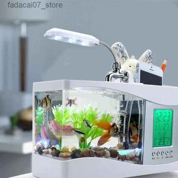 Aquários alimentados por USB mini criativo novo tanque de peixes exóticos Homeware caneta-calendário calendário digital alarme de tempo LED lâmpada de mesa YQ231018