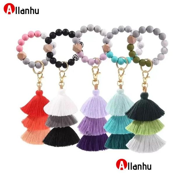 Festa Favor Sile Beads Pulseira Chaveiro Três Camadas Algodão Borla Pulso Chaveiro Bead Bangle Chaveiro Mulheres Saco Pingente Decoração D Dhthz