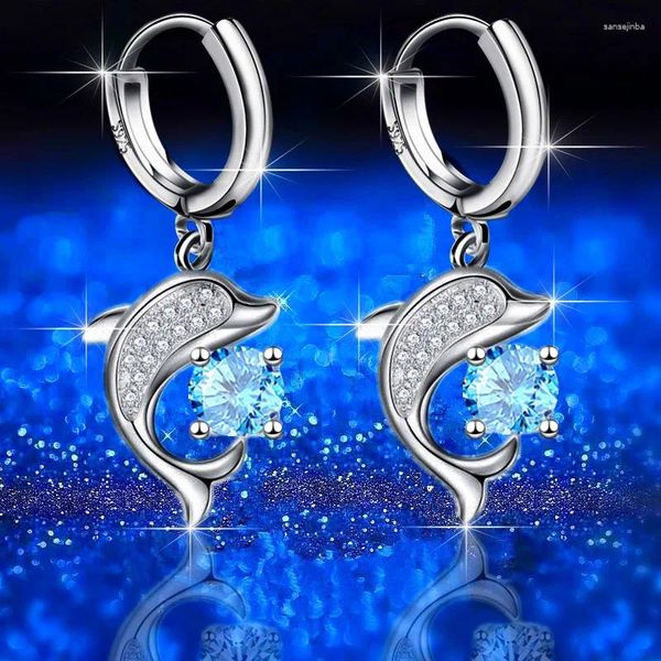 Creolen, niedlicher kleiner Delphin, der Ball spielt, Aquablauer Kristall, runder Stein-Ohrring für Frauen, silberfarbener Ozean-Tier-Schmuck