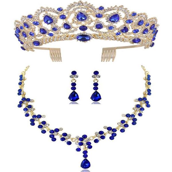 DIEZI Neue Rot Grün Blau Krone Und Halskette Ohrring Schmuck-Set Tiara Strass Hochzeit Braut Schmuck Sets Accessories242h