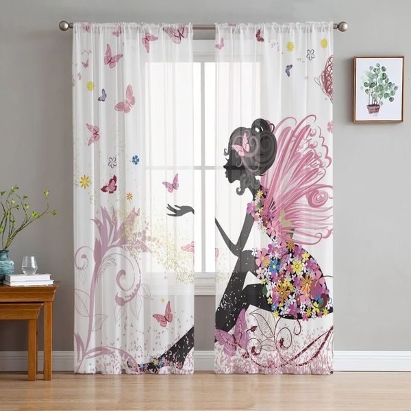 Tenda Cartoon Farfalla Fata Ragazza Rosa Bianco Tende in tulle per soggiorno Camera da letto Decor Chiffon Voile velato Tenda per finestra della cucina 231018