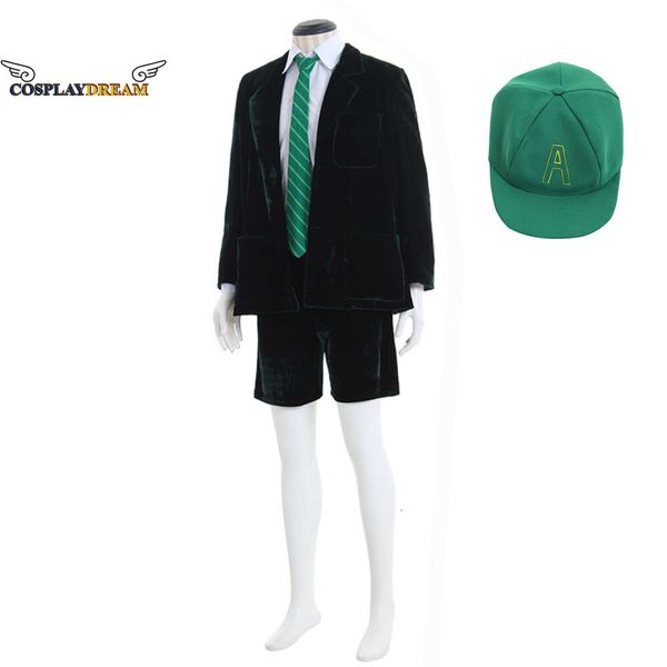 CosplaySuperstar AC/DC Rock Band Angus Young School Boy Outfit Cosplay Traje Veet Casaco Calça Curta Camisa Branca Chapéu Verde Conjunto CompletoCosplayCosplay