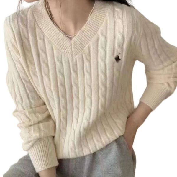 Ralphs Designer Maglione Laurens Qualità originale Pony Ricamo Pasta fritta Colpi di scena Scollo a V Nicchia Manica lunga Pullover Maglione lavorato a maglia Donna