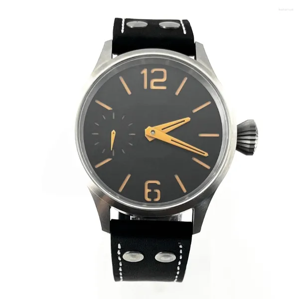 Orologi da polso 44mm 6497 Orologio da uomo Cassa in argento Quadrante nero / blu Cinturino in pelle Secondi in esecuzione Orologi da polso luminosi verdi