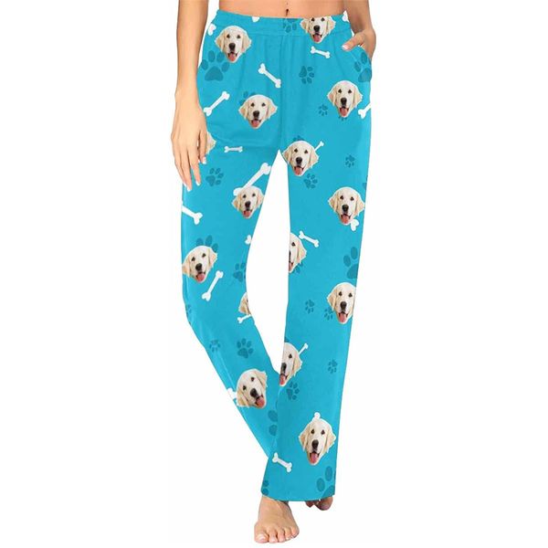 Calça de pijama feminina personalizada com foto de pata de cachorro, calça confortável com bolsos, cintura elástica, roupa de dormir longa