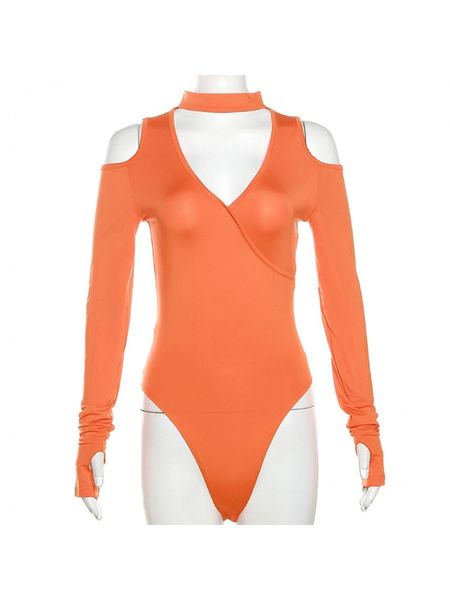 Bodysuits de manga comprida com ombro frio sólido outono