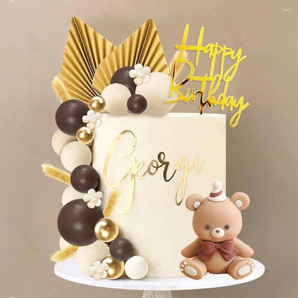 Articoli per feste 27 pezzi Toppers per torta con orsi Boho Khaki Brown Balls Gold Happy Birthday Topper Stand per la decorazione di Baby Shower