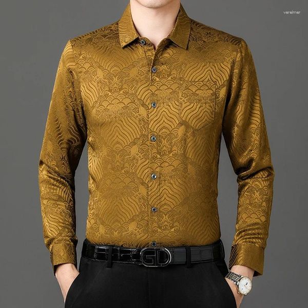 Camicie casual da uomo Luxury Royal Blue Business Work Uomo Marito Abbigliamento in seta di ghiaccio Taglie grandi Oro da uomo Elegante camicetta nera