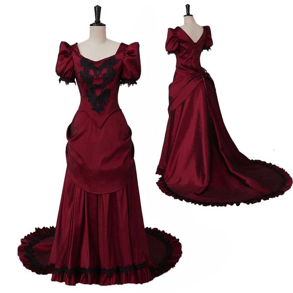 Cosplay Cosplay Victoria Red Bustle Ball Elbise Vintage Gece Elbise Gotik Kırmızı Kare Yaka Balo Elbise Güney Belle Elbise Cadılar Bayramı Giyim