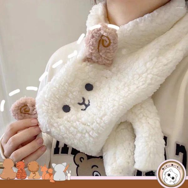 Шарфы шарф с овцами для девочек, милый мультяшный плюшевый шейный платок, осенне-зимнее утепленное мягкое кавайное пушистое кольцо с ягненком T135