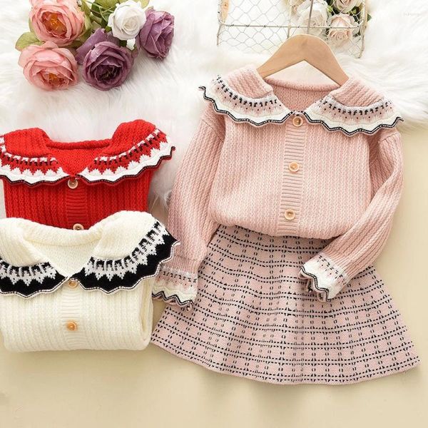 Kleidung Sets 2023 Herbst Winter Langarm Puppe Kragen Pullover Strickjacke Plaid Rock Zwei Stück Süße Gestrickte Baby Anzug Kinder kleidung Mädchen