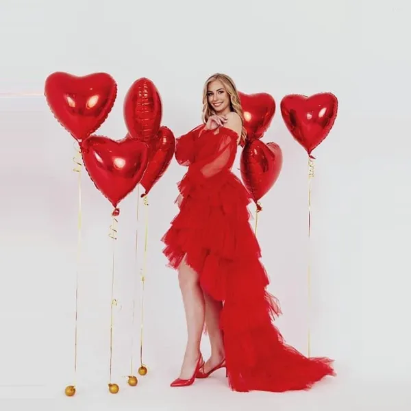 Vestidos de festa clássico tule vermelho noite para aniversário po shoot em camadas com trem destacável mangas compridas babados natal