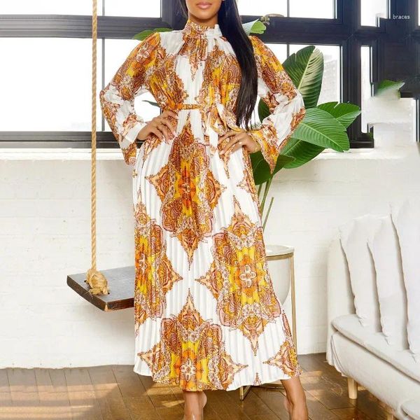 Roupas étnicas Plissadas Vestidos Longos Africanos para Mulheres 2023 Outono Tradicional Nigéria Flor Impressão Caftan Vestido Abaya Musulman Robe Femme