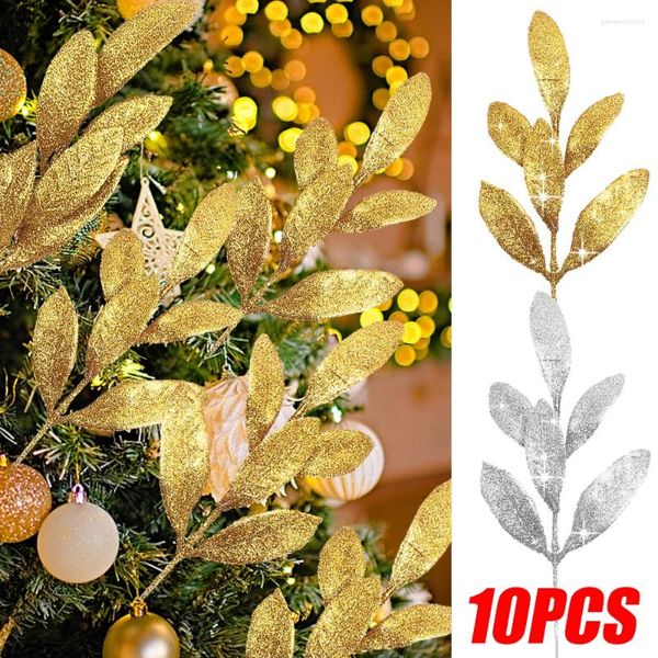 Fiori decorativi 10/1 pz Foglie artificiali lucide Albero di Natale Glitter Oro Argento Foglia Rami simulati Corona Regali fai da te Ornamenti