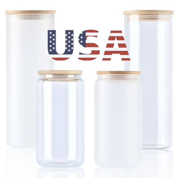 USA CA Warehouse 16oz Frosted Clear mit Bambusdeckel und Plastikstrohhalmen Sublimation Bier Can Glas Glas 4.23