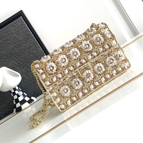 Ms. Flap Messenger Gold Hardware Schnalle Geldbörse ausgehöhlt Dekoration 10a Top Lady Clutch Designer Tasche Pearl Metal Dinner Bag Luxusmarkentaschen LC 14