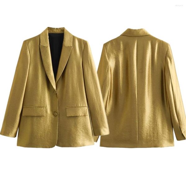 Ternos femininos elmsk moda britânica ouro cetim terno metal solto jaqueta casual blazers feminino