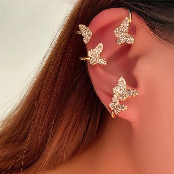 Bonito diamante 3d borboleta orelha manguito moda luxo designer manguito brincos para mulher meninas ouro presente box263j