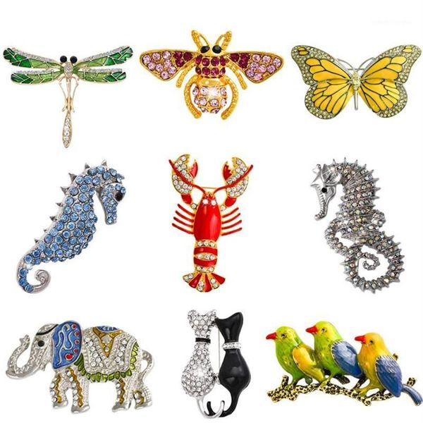 Pins Broschen Ganze Retro Insekt Libelle Schmetterling Brosche Biene Brosche Frauen Kristall Tier Elefant Katze Vögel Seepferdchen Bro229W