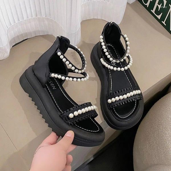 Sandalen Schuhe für Frauen Sommer Perle rutschfeste Mode eine Linie Schnalle Riemen offene Zehen Tasche Ferse Strand bequem flach