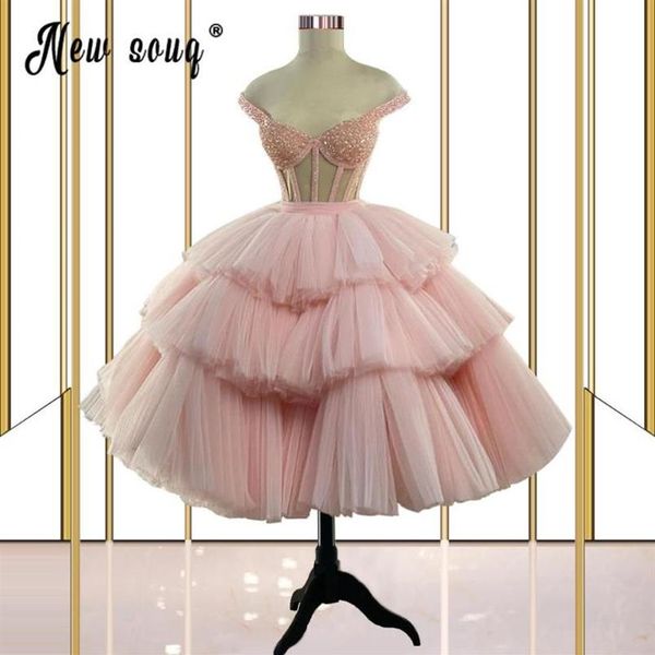 Abiti da festa Blush Pink Una spalla Abito da sera corto da principessa Abito da ballo di lusso con perline scintillanti di lusso in tulle per le donne TU297C