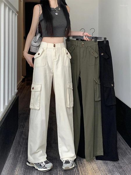 Calças de brim femininas moda coreana calças jeans bolso design vintage calças de carga cor pura cintura alta magro jean mulher